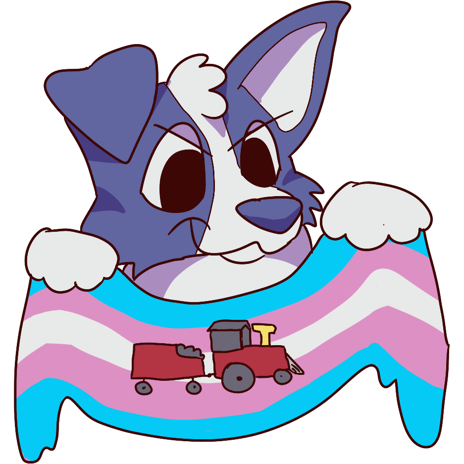 a blue dog holds a trans flag with a train on it and looks mischievous